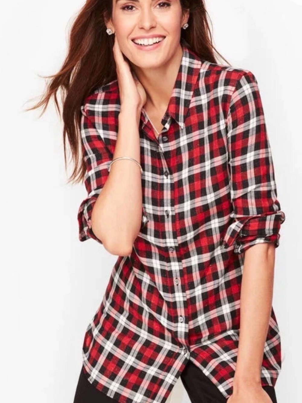 Talbots Women’s Red Black Plaid Button-Up Shirt with metallic thread